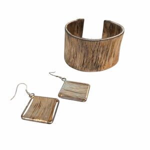 Elegant Gold and Copper Woven Metal Bracelet and Earring Jewelry Set